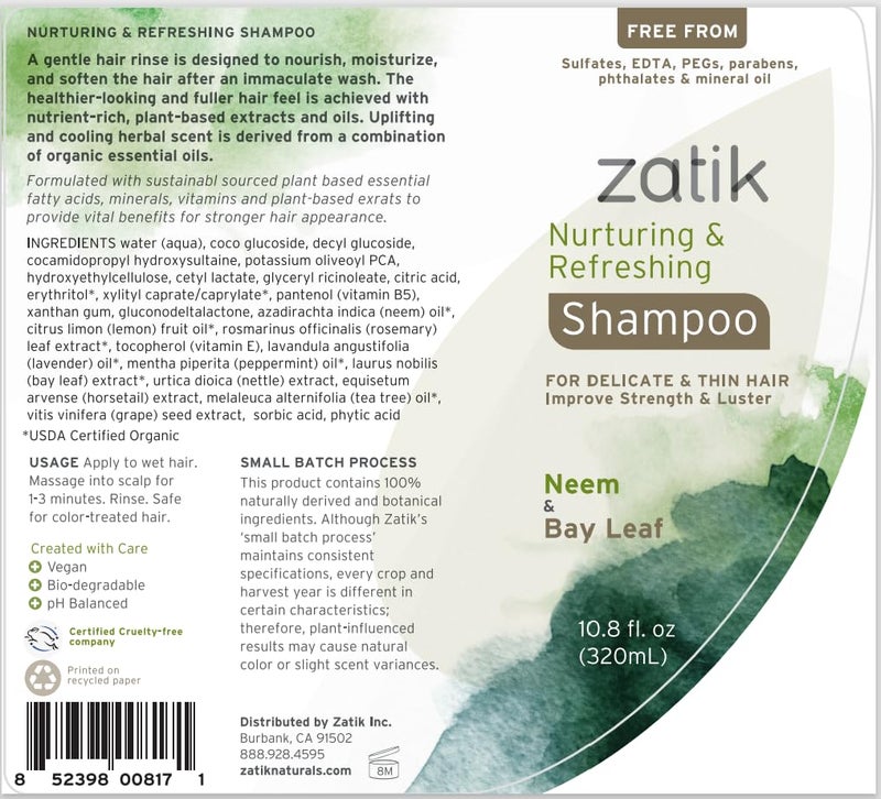 Zatik Naturals - Nurturing and Refreshing Shampoo with Neem & Bay Leaf for Dry, Fine, Delicate Hair - Vegan, Biodegradable, pH Balanced, Free From Sulfates, Parabens, Fragrances, Phthalates,10.8 oz - Image 2